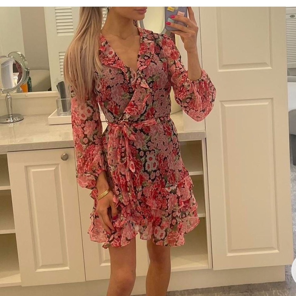 BARDOT frill floral Mini wrap dress from revolve